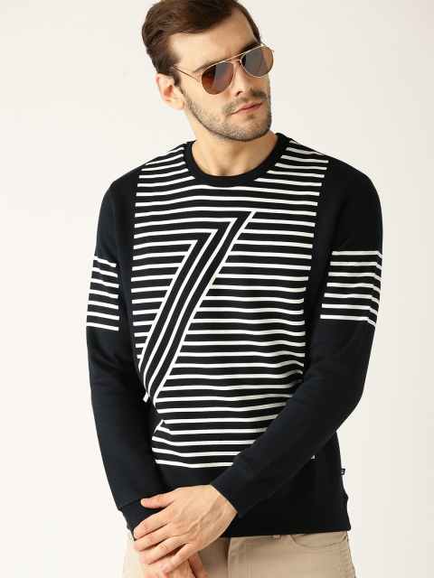 

United Colors of Benetton Men Navy Blue & White Striped Sweatshirt