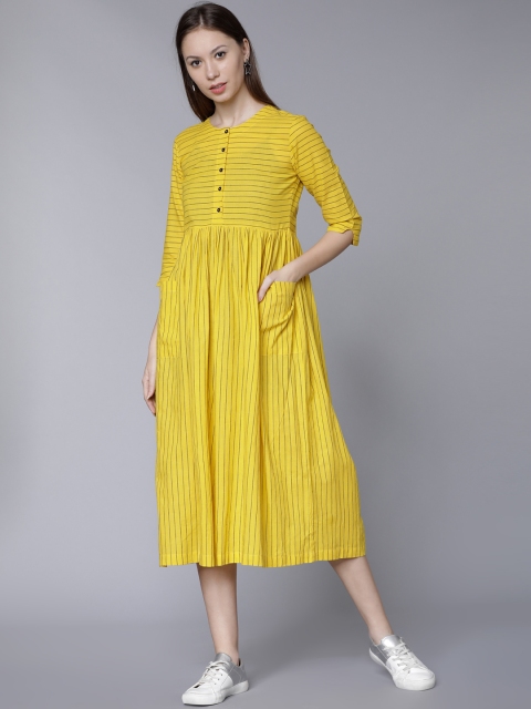 

Vishudh Women Yellow Striped Fit and Flare Dress