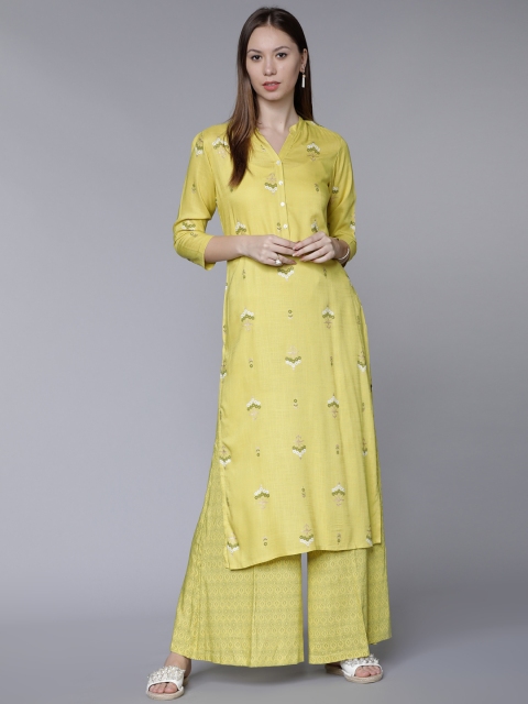 

Vishudh Women Lime Green Printed Kurta with Trousers
