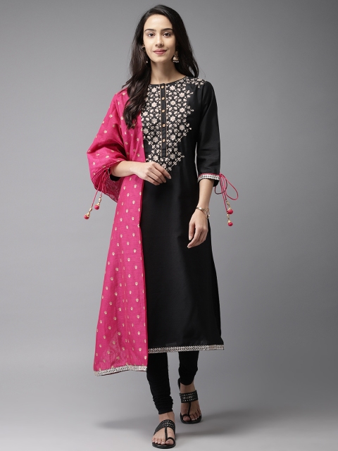 

Moda Rapido Women Black & Pink Embroidered Kurta with Churidar & Dupatta