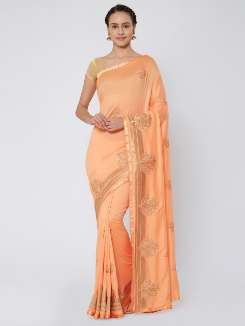 

Kvsfab Peach-Coloured Embroidered Poly Georgette Saree