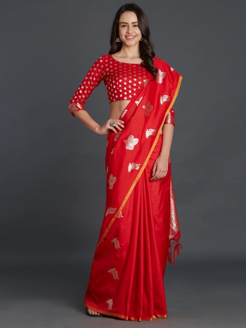 

Mitera Red Silk Blend Solid Kanjeevaram Saree