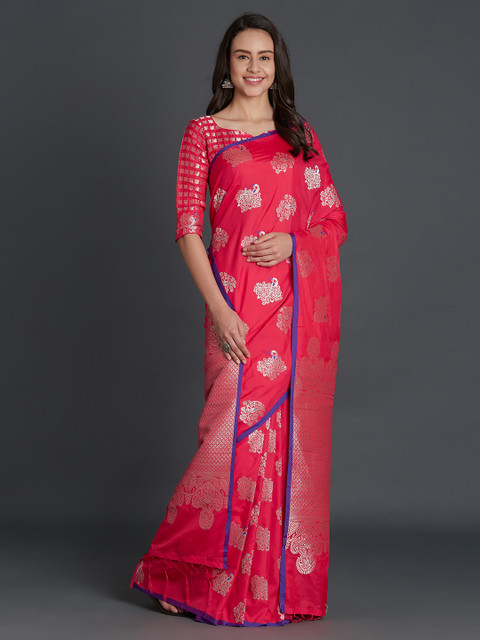 

Mitera Pink Silk Blend Solid Kanjeevaram Saree