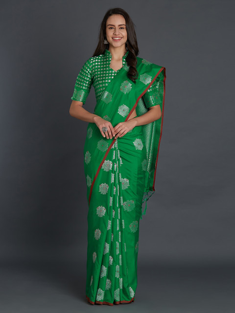 

Mitera Green Silk Blend Solid Kanjeevaram Saree