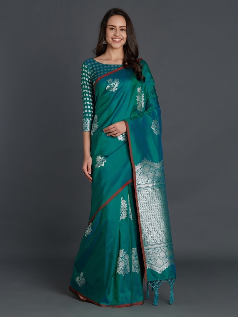 

Mitera Green Silk Blend Solid Kanjeevaram Saree