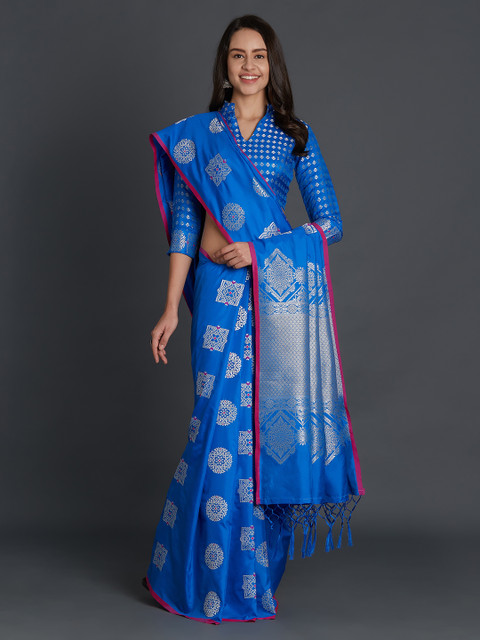 

Mitera Blue & Silver-Toned Silk Blend Solid Kanjeevaram Saree