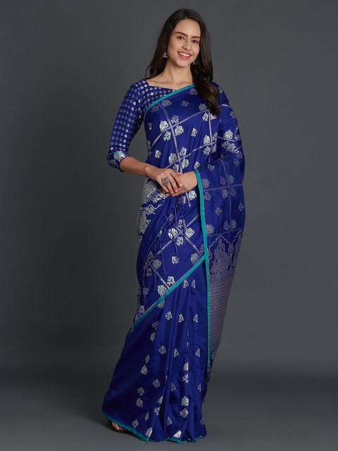 

Mitera Blue & Silver-Toned Silk Blend Solid Kanjeevaram Saree
