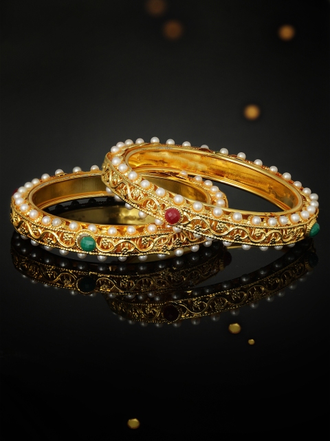 

Rubans Women Set of 2 Gold-Toned Emerald & Pearl Studded Bangles