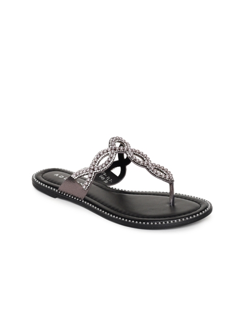 

Addons Women Gunmetal-Toned Embellished T-Strap Flats, Metallic