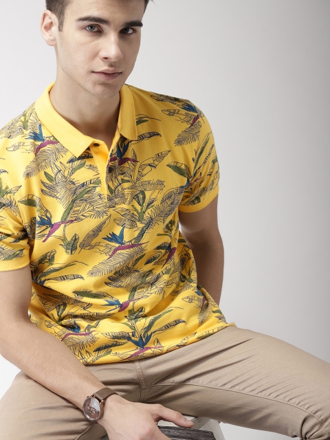 

Indian Terrain Men Yellow Tropical Printed Polo Collar Pure Cotton T-shirt