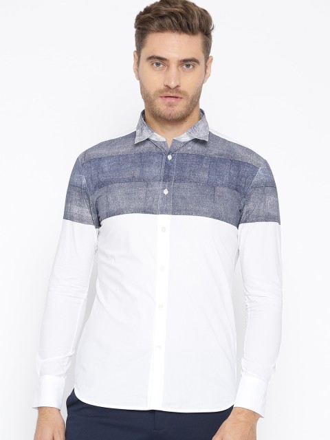 

Rohit Bal Limited Men White & Navy Blue Regular Fit Colourblocked Casual Shirt