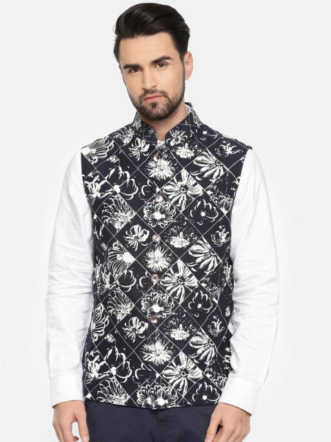

Rohit Bal Limited Men Navy Blue & White Printed Nehru Jacket