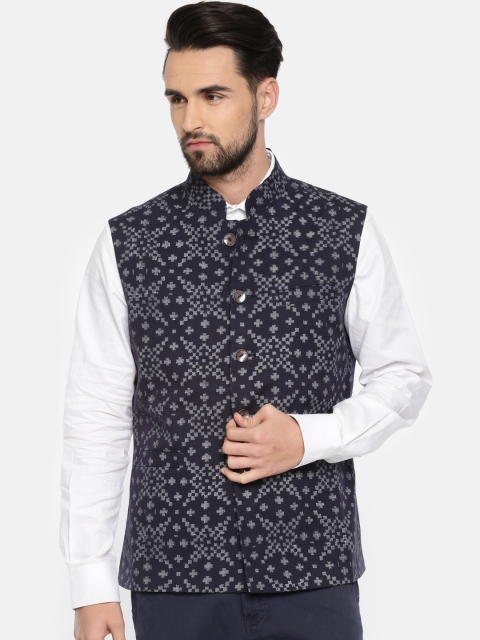 

Rohit Bal Limited Men Navy Blue & Grey Printed Nehru Jacket