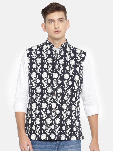 

Rohit Bal Limited Men White Navy Blue Printed Pure Cotton Nehru Jacket