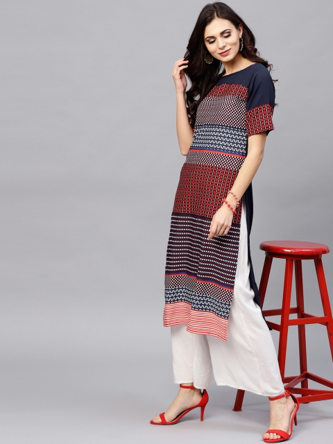 

Ives Women Navy Blue & Red Printed Straight Kurta