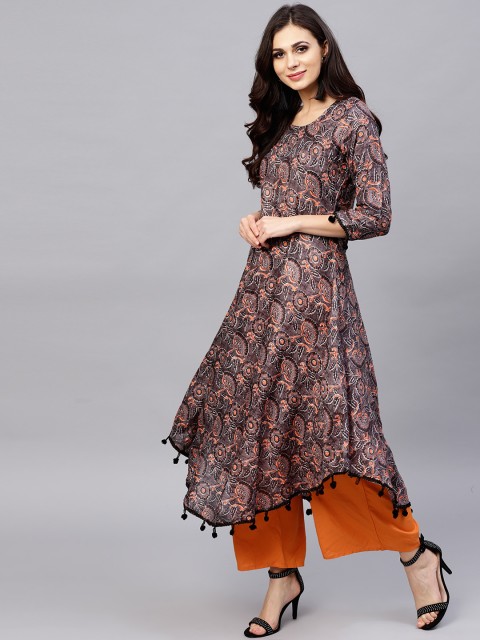 

Ives Women Charcoal Grey & Orange Printed A-Line Kurta