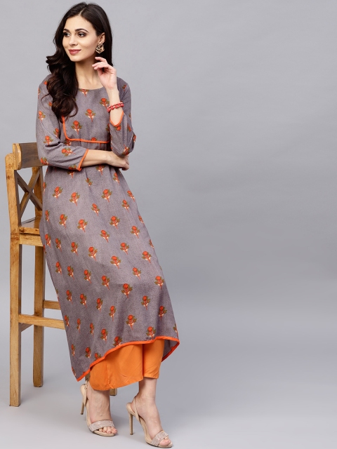 

Ives Women Taupe & Orange Printed A-Line Kurta