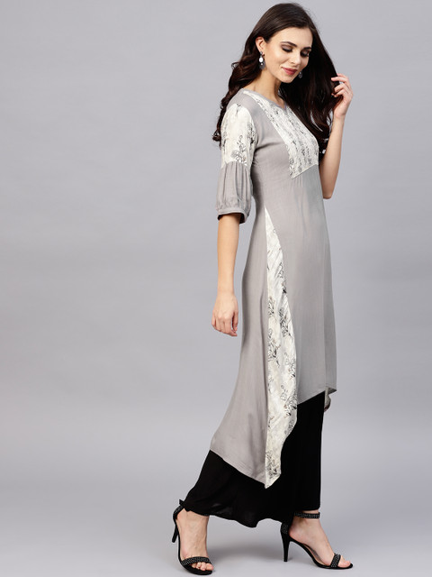 

Ives Women Grey & White Printed Asymmetric A-Line Kurta
