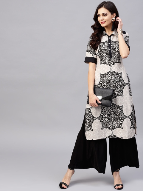 

Ives Women Off-White & Black Printed Straight Kurta