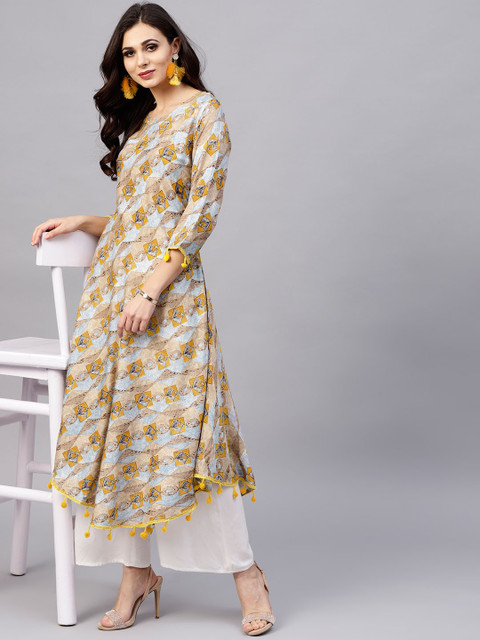 

Ives Women Blue & Yellow Printed A-Line Kurta