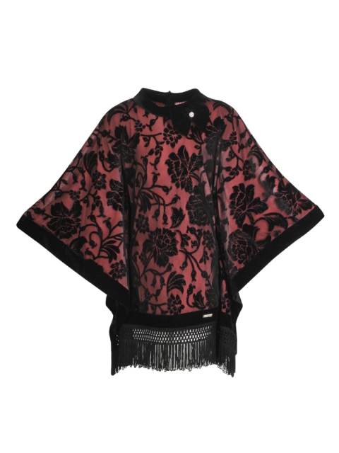 

CUTECUMBER Girls Peach-Coloured & Black Printed Partywear Winter Kaftan Poncho