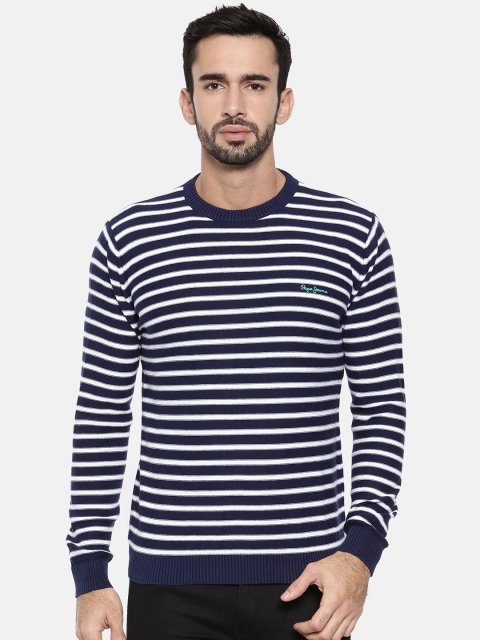 

Pepe Jeans Men Navy & Off-White Striped Pullover, Navy blue