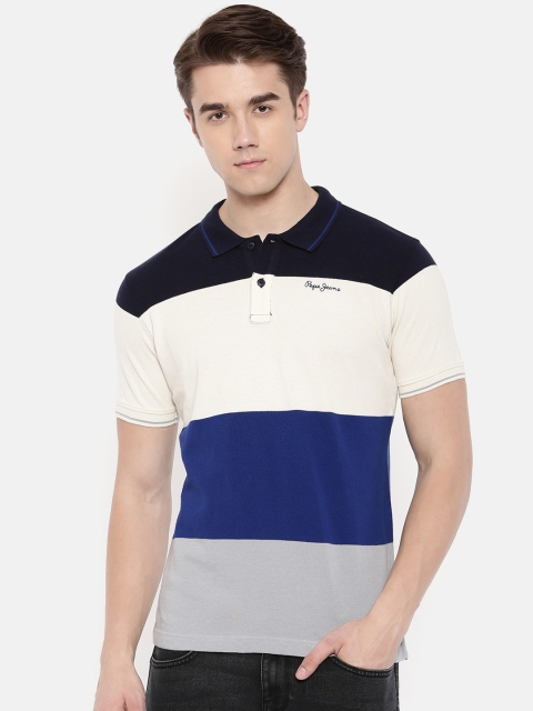 

Pepe Jeans Men Blue & Cream-Coloured Colourblocked Polo T-shirt