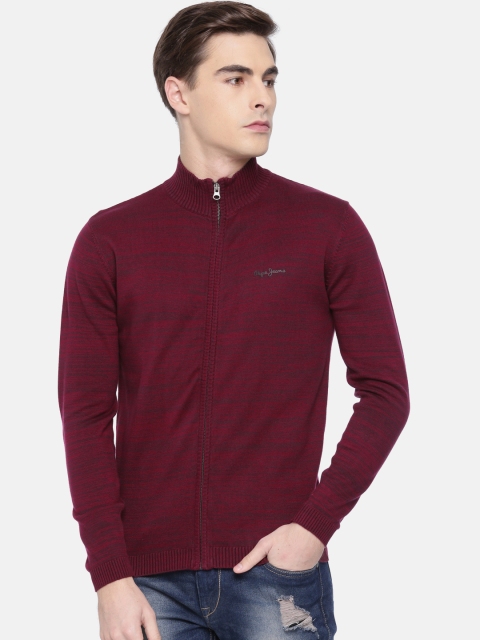 

Pepe Jeans Men Burgundy Self Design Front-Open Sweater