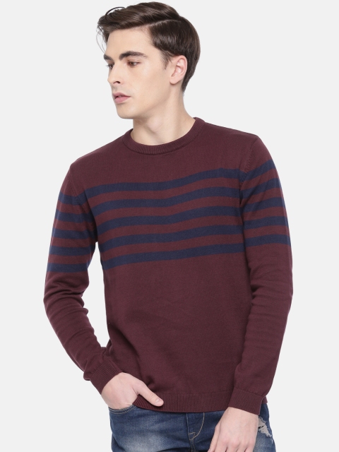 

Pepe Jeans Men Burgundy & Navy Blue Striped Pullover