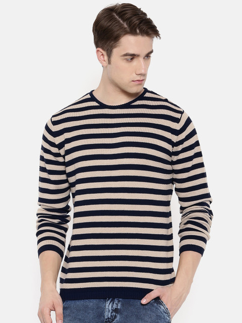 

Pepe Jeans Men Beige & Navy Blue Striped Pullover Sweater