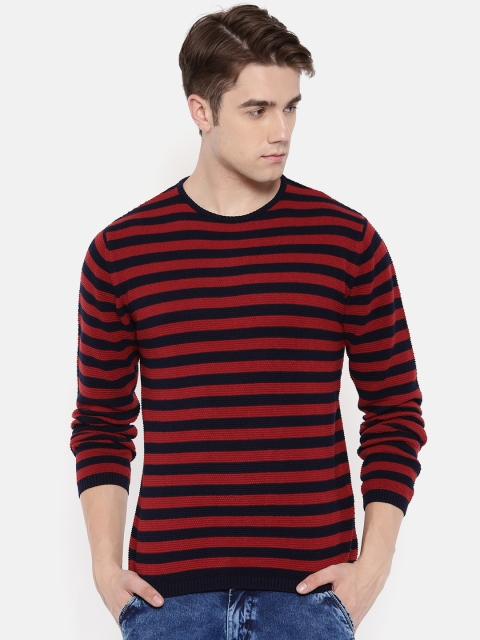 

Pepe Jeans Men Red & Navy Blue Striped Pullover Sweater