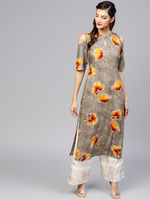 

Libas Women Taupe & Orange Floral Print Cold-Shoulder Straight Kurta