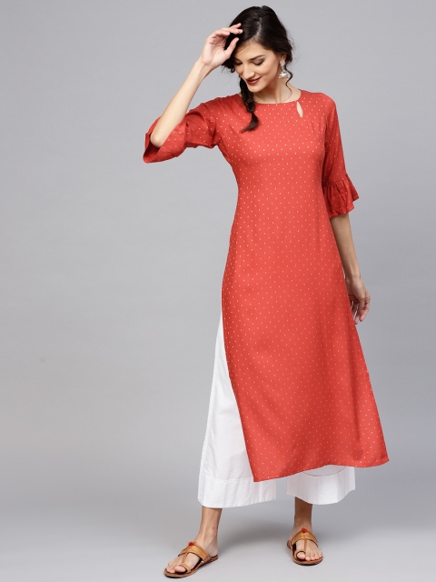 

Libas Women Rust Orange Woven Design Straight Kurta