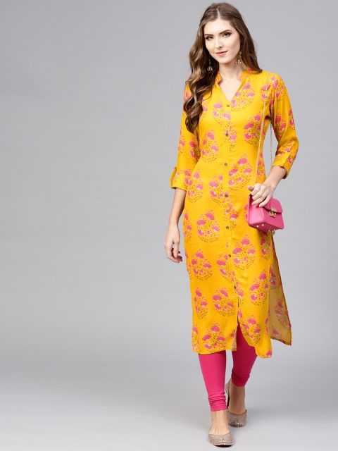 

Libas Women Mustard Yellow & Pink Printed Straight Kurta