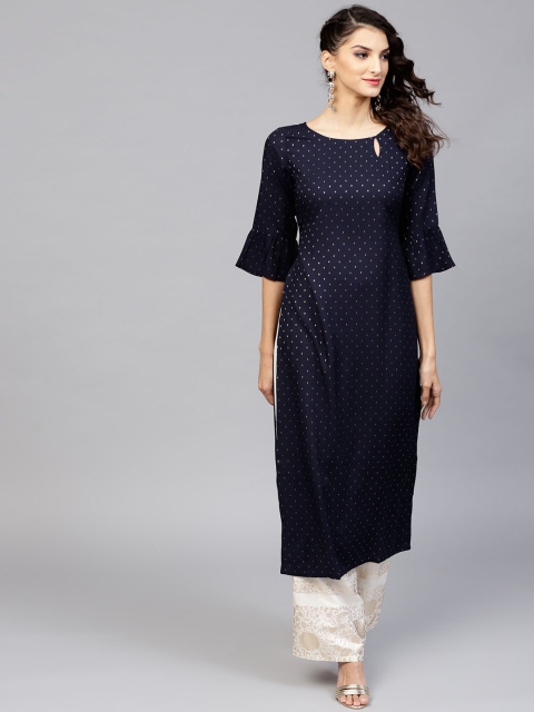 

Libas Women Navy Blue & Golden Woven Design Straight Kurta