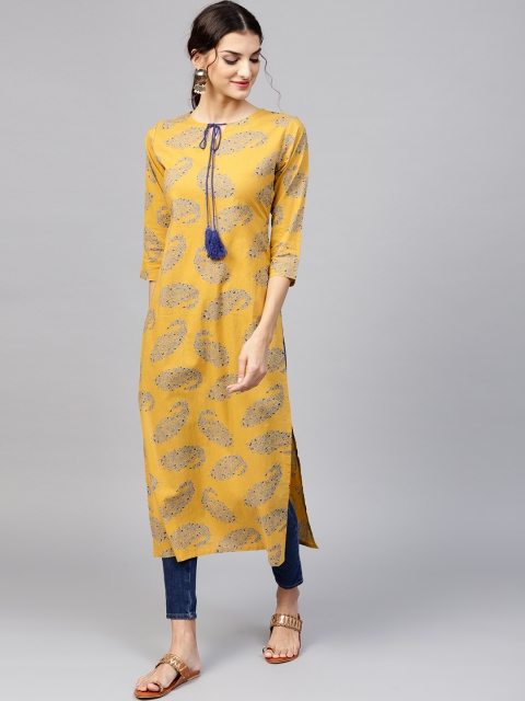 

Libas Women Mustard Yellow & Blue Printed Straight Kurta