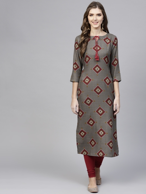 

Libas Women Grey & Maroon Printed Straight Kurta