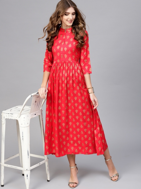 

Libas Women Red & Golden Block Print Fit & Flare Dress
