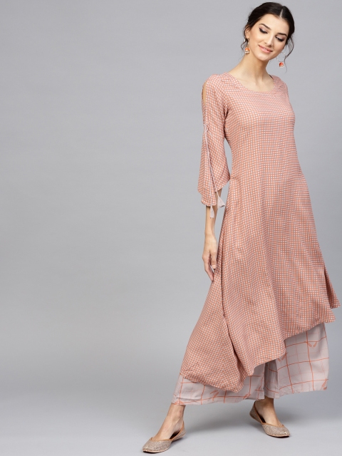 

Libas Women Grey & Orange Checked Kurta with Palazzos
