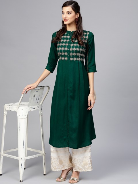 

Libas Women Green Embroidered A-Line Kurta