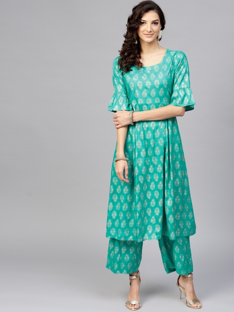 

Libas Women Sea Green & Golden Block Print Kurta with Palazzos