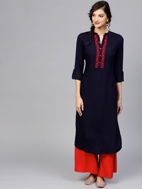 

Libas Women Navy Solid Straight Kurta, Navy blue