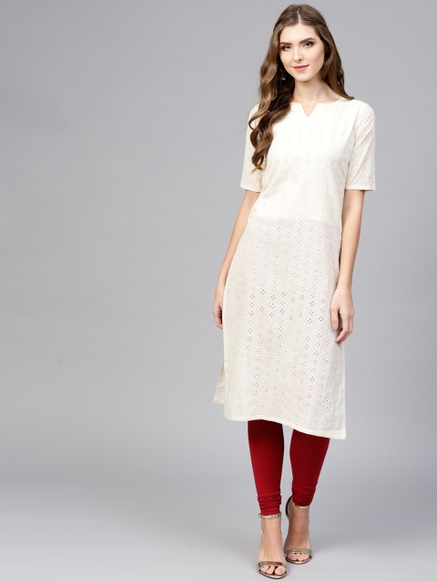 

Libas Women Off-White Schiffli Embroidered Straight Kurta