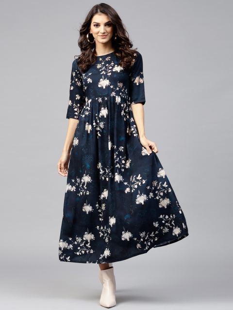 

Libas Women Navy Blue & Golden Floral Print Maxi Dress