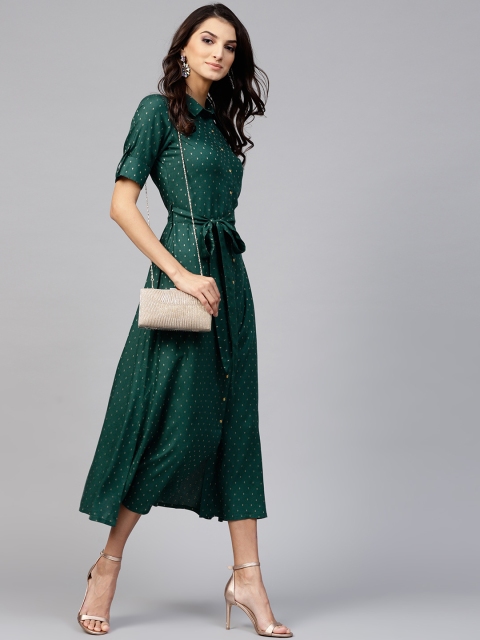 

Libas Women Green Self-Design Midi A-Line Dress