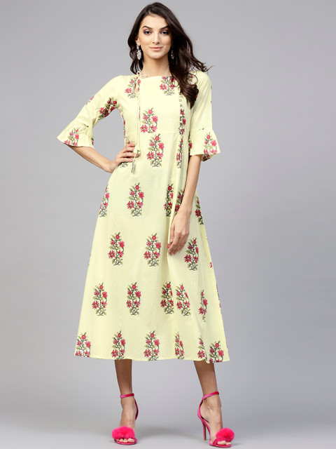 

Libas Women Lemon Yellow & Pink Floral Print A-Line Midi Dress