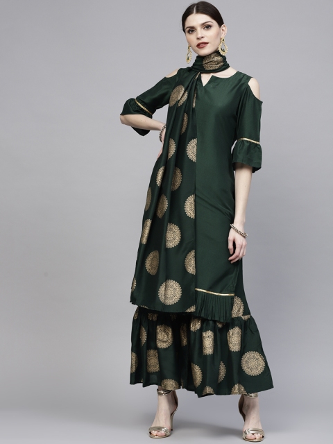 

Libas Women Green & Golden Printed Kurta with Sharara & Dupatta