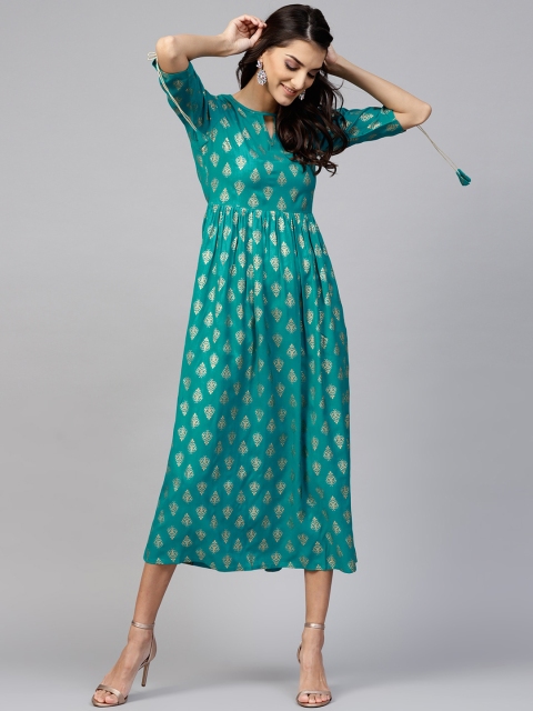 

Libas Women Turquoise Blue & Golden Printed Empire Dress