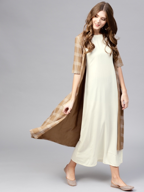 

Libas Women Off-White & Brown Solid Maxi Dress