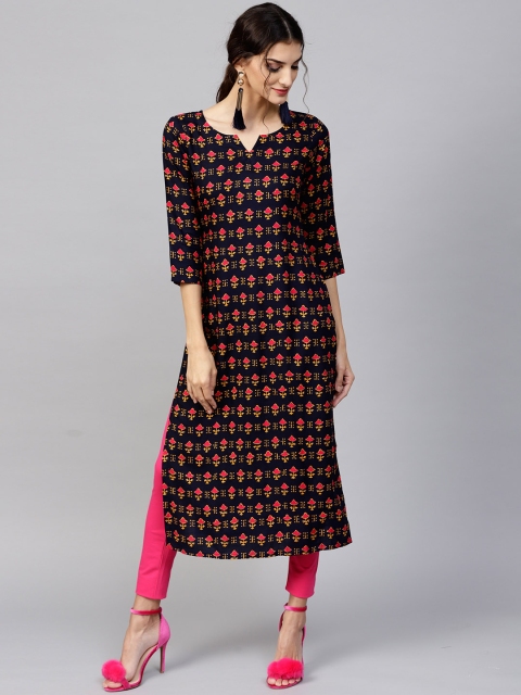 

Libas Women Navy Blue & Pink Printed Straight Kurta